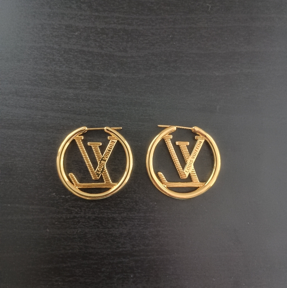 Gold LV Logo Hoop Earrings - Picture 2 of 3